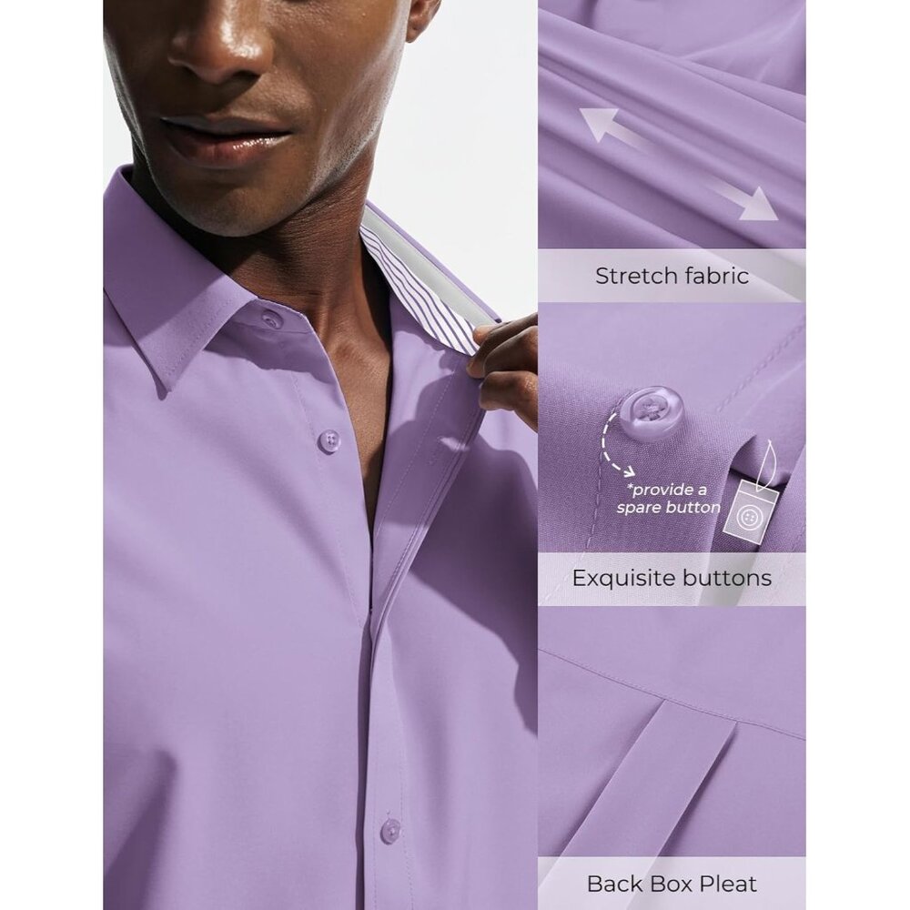 Men's Light Purple Short Sleeve Dress Stretch Wrinkle Free Untucked Shirts - Picture 3 of 7